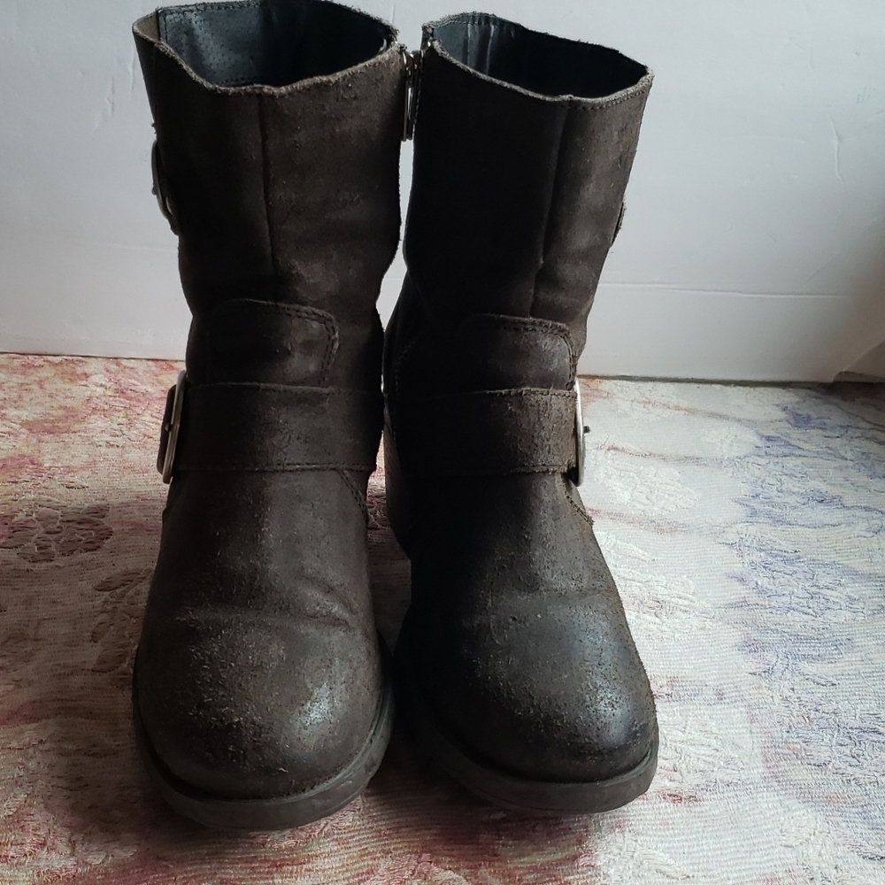 Born Brown Suede Midcaf Block Heel Combat Motor Women's Boots Size 7 - Picture 4 of 7
